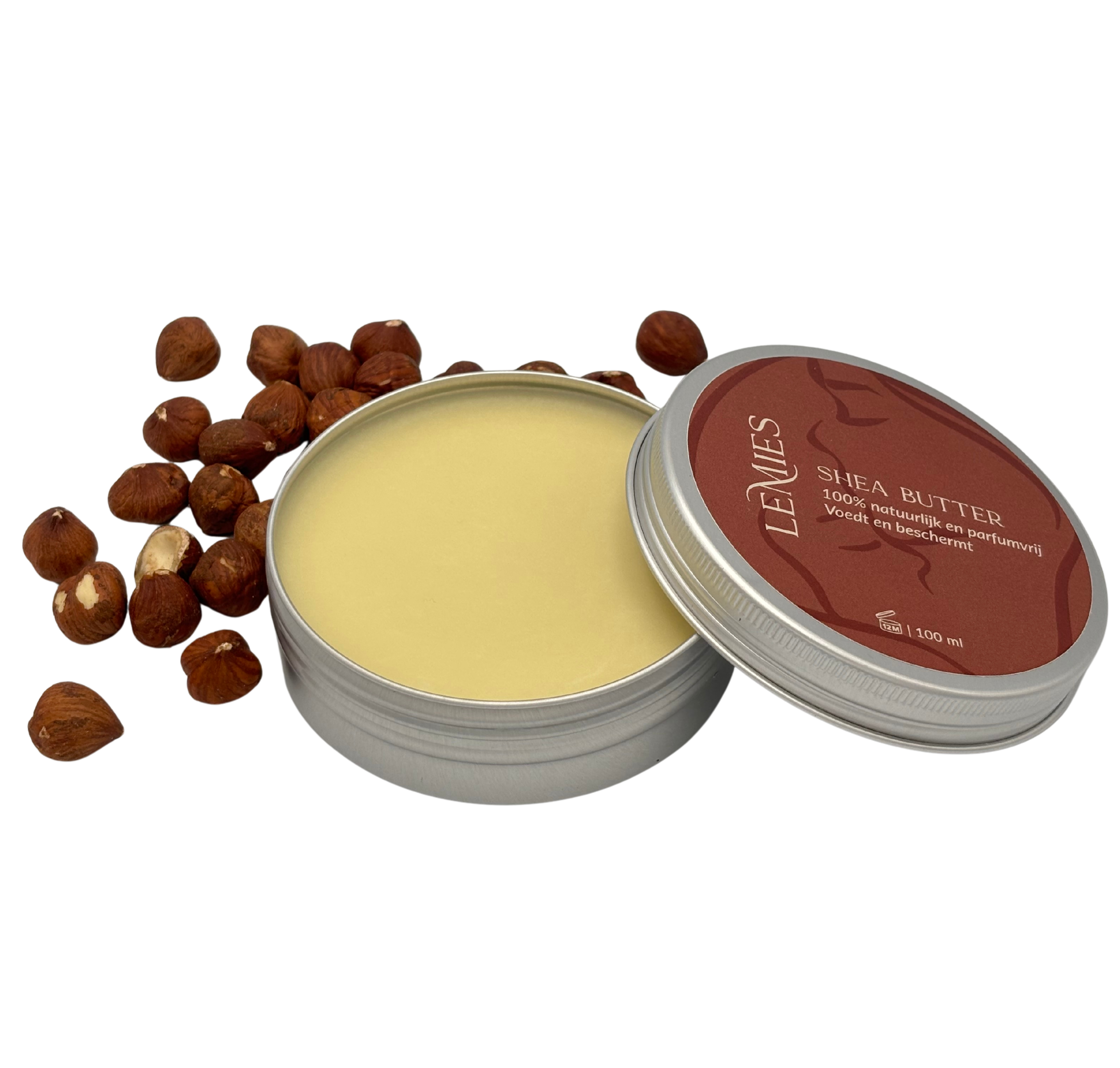 LeMies Shea Butter in aluminium blik met sheanoten – 100% natuurlijke en parfumvrije verzorging voor droge en gevoelige huid