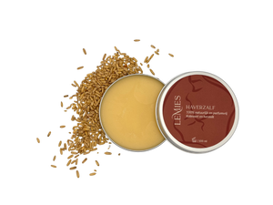 LeMies haverzalf in aluminium blik met haverkorrels – natuurlijke zalf die kalmeert en herstelt bij droge, gevoelige en geïrriteerde huid