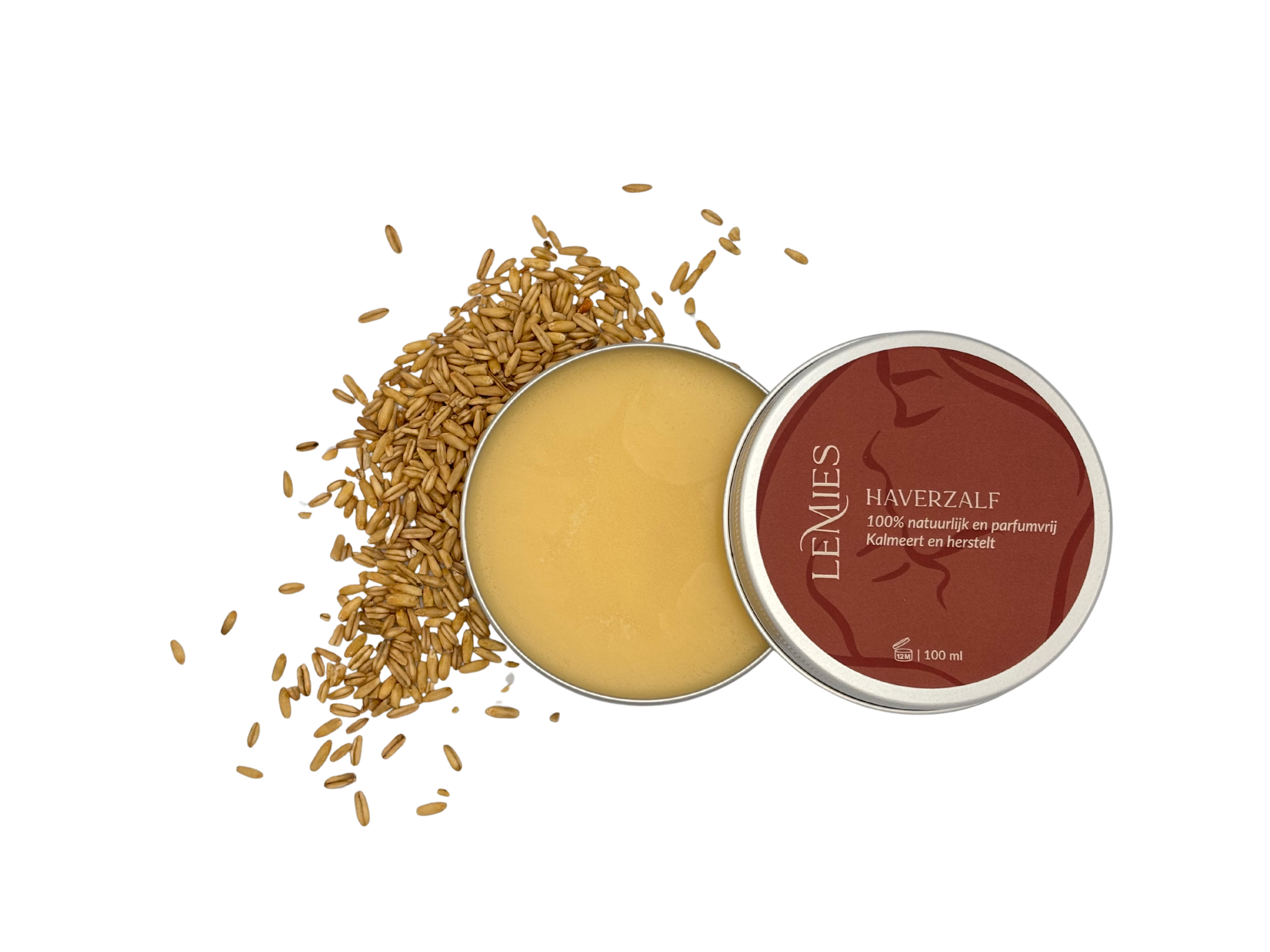LeMies haverzalf in aluminium blik met haverkorrels – natuurlijke zalf die kalmeert en herstelt bij droge, gevoelige en geïrriteerde huid